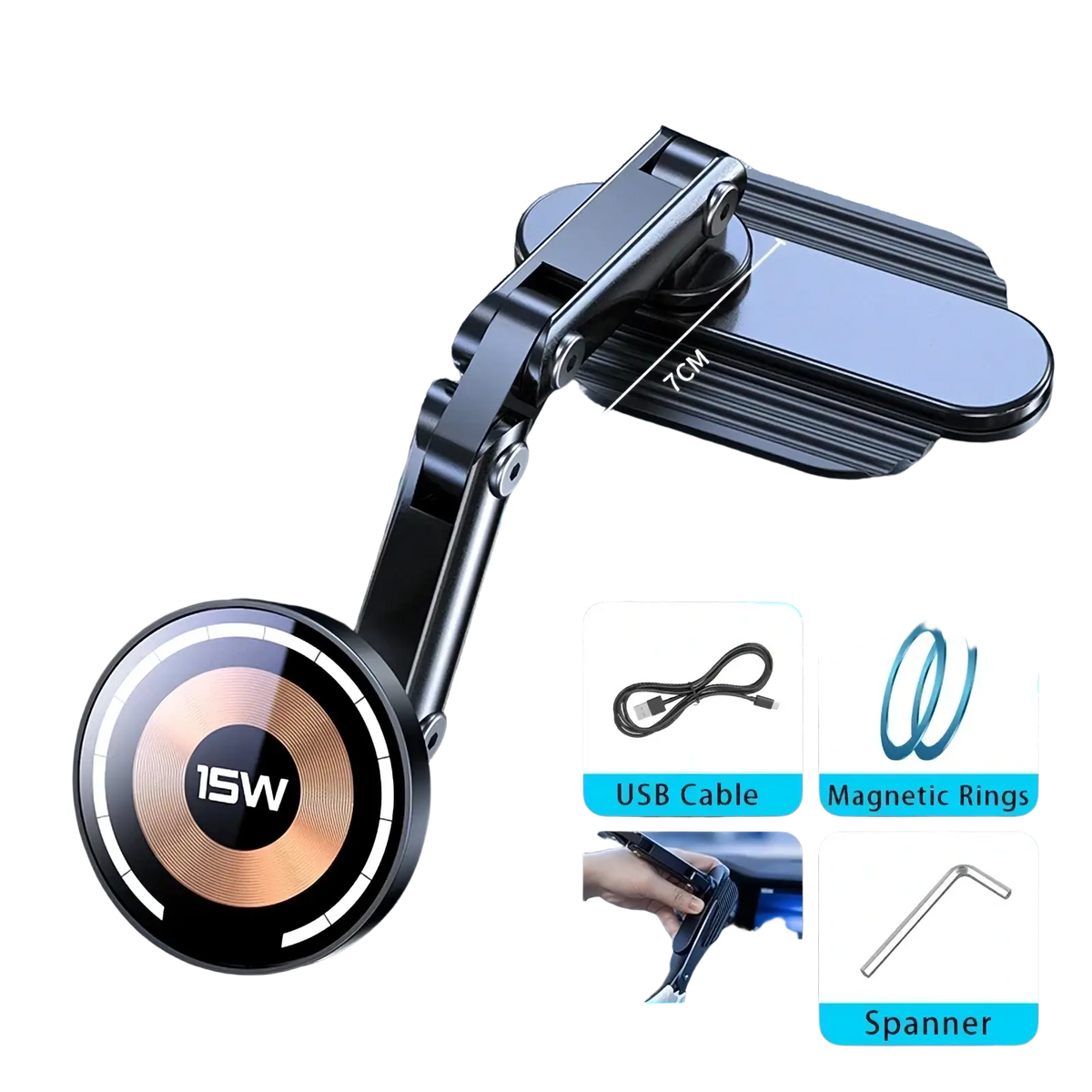 Black magnetic wireless car charger with 15w power output and adjustable arm compatible with iphone 15 14 13 12