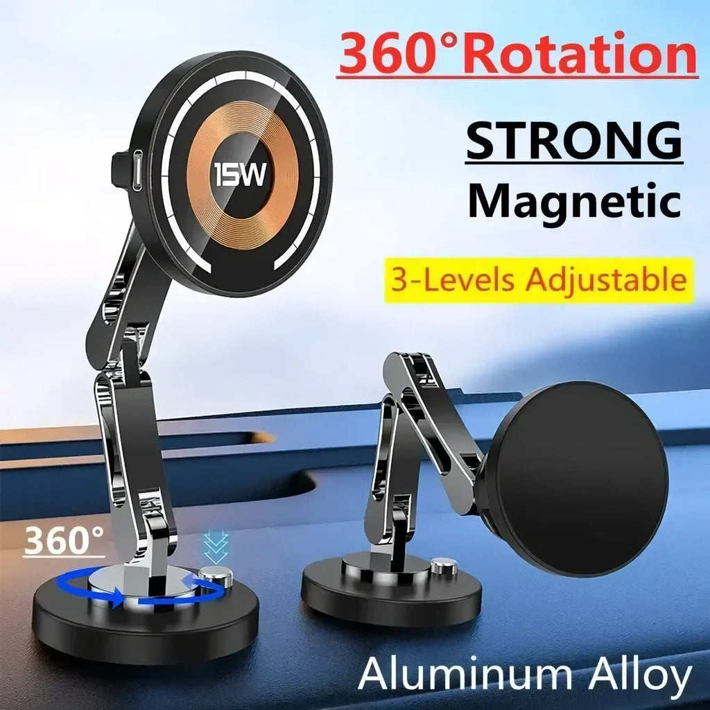 Black circular magnetic wireless car charger with 15w power and adjustable aluminum alloy stand for iphone 15 14 13 12
