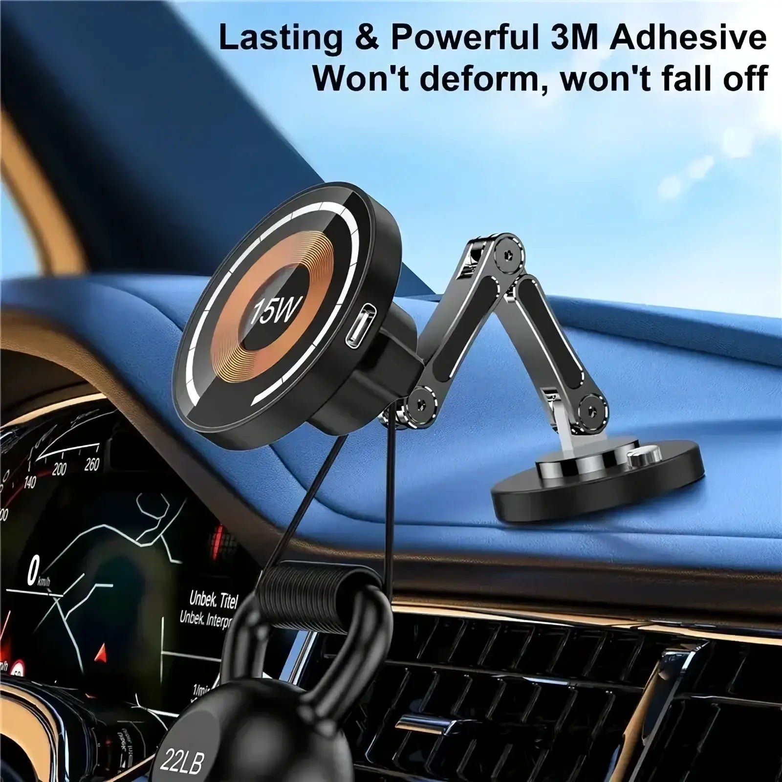 Black magnetic wireless car charger with 15w power and adjustable articulated arm for iphone 15 14 13 12