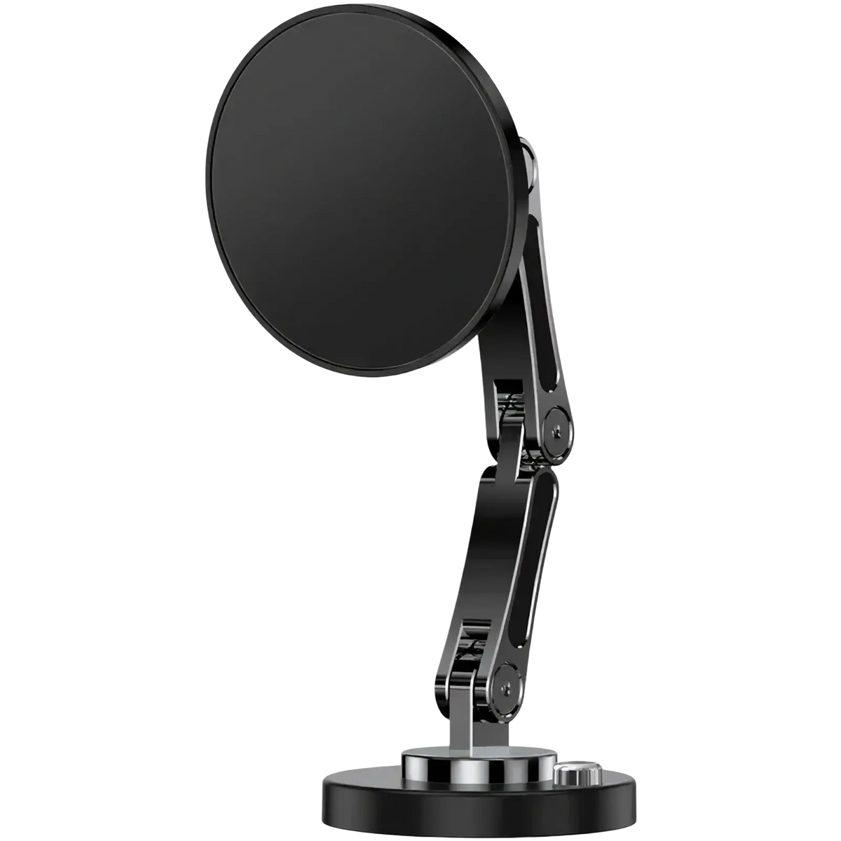Black magnetic wireless car charger with adjustable arm and circular base for iphone 15 14 13 12
