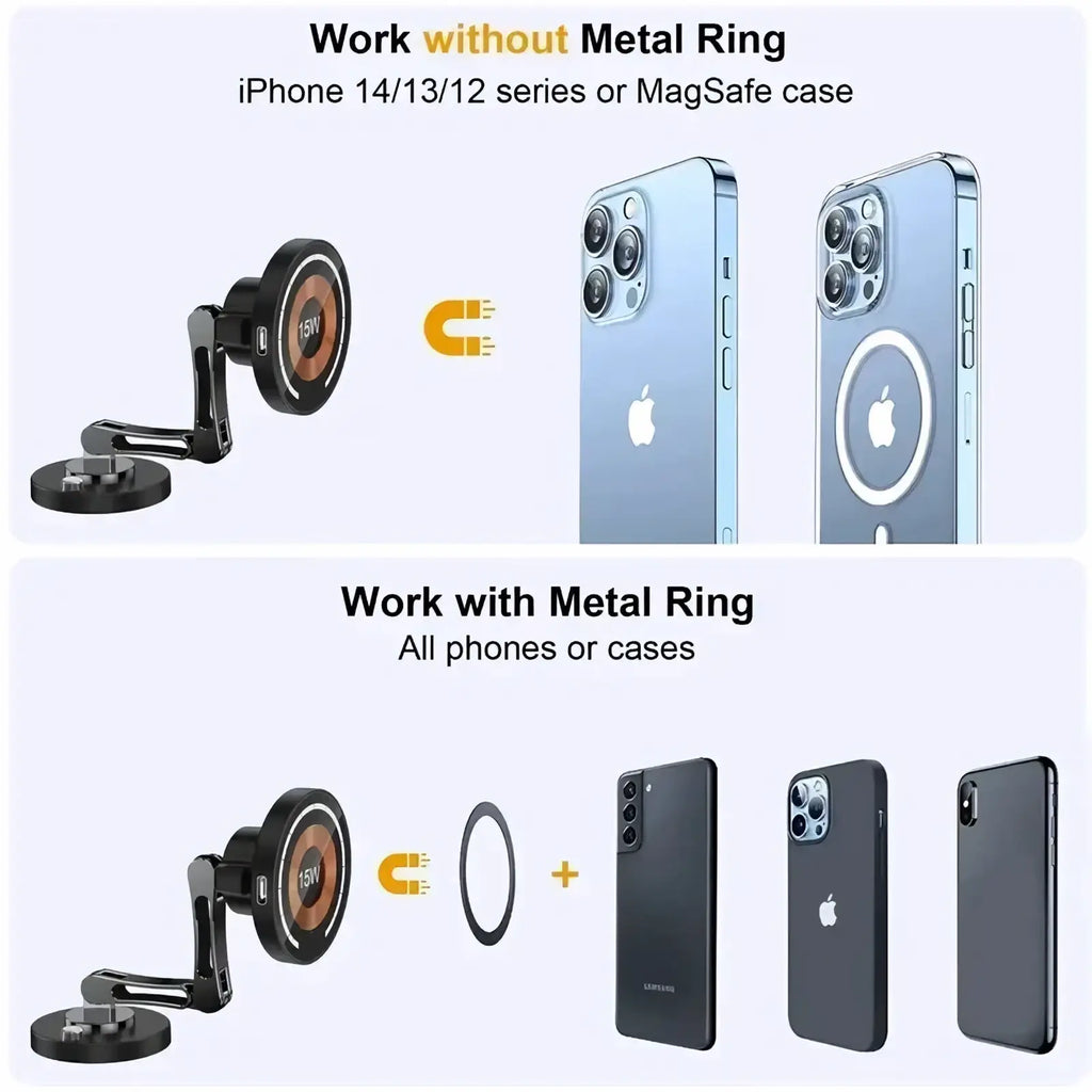 Black magnetic wireless car charger for iPhone 15 14 13 12 with adjustable arm and circular charging pad