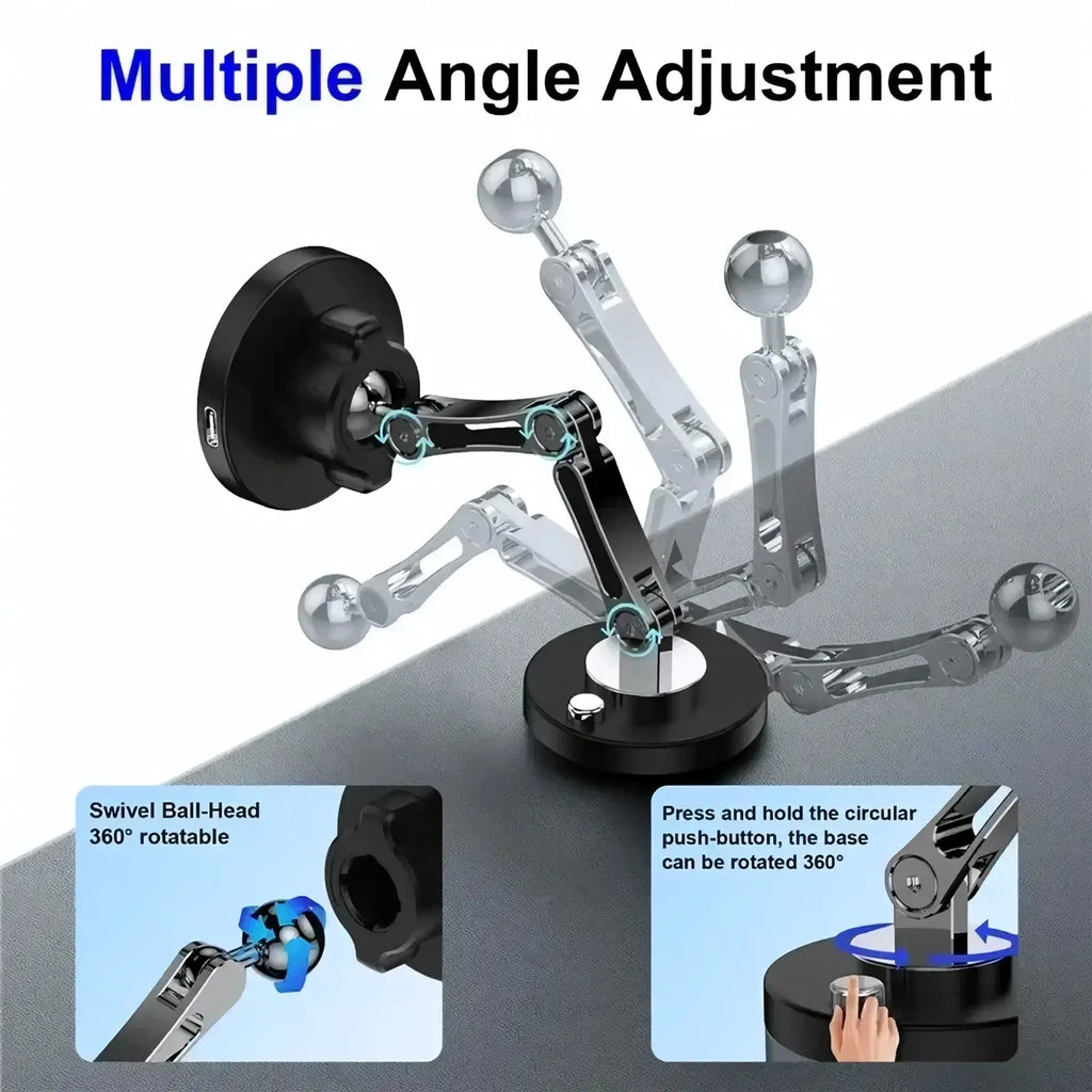 Black magnetic wireless car charger phone stand with multiple adjustable ball joints for flexible positioning