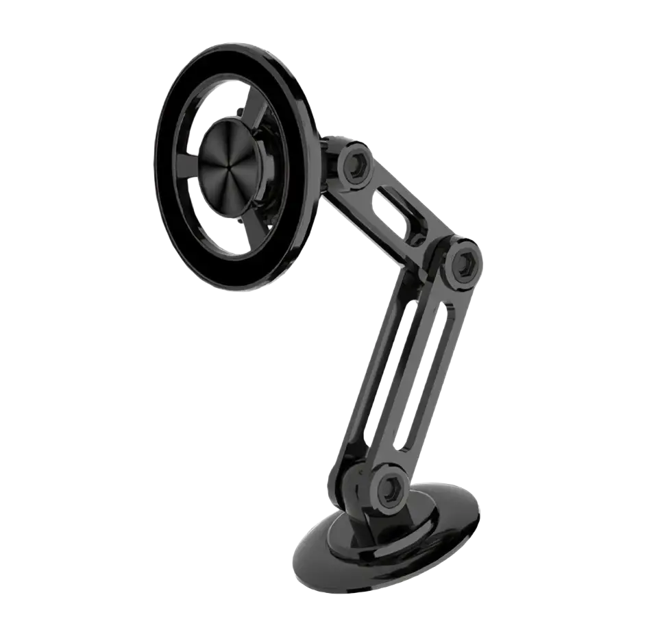 Black sleek adjustable magnetic wireless car charger mount with circular base and articulated arm for iPhone 15 14 13 12
