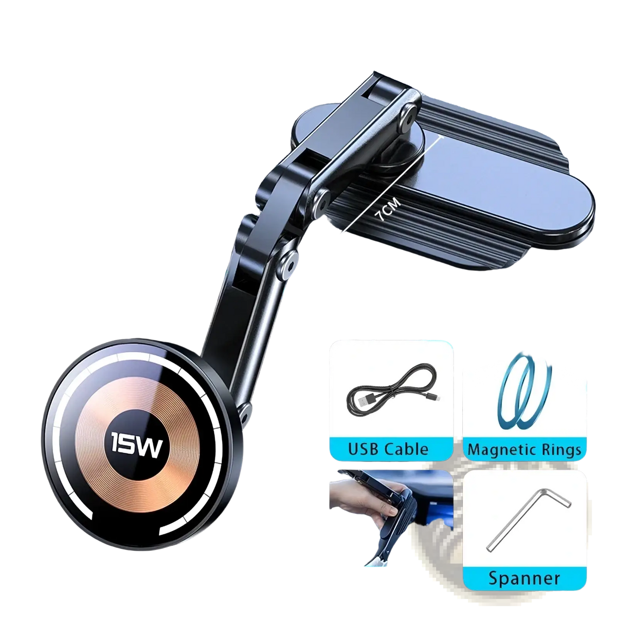 Black magnetic wireless car charger with 15w power output and adjustable arm compatible with iphone 15 14 13 12