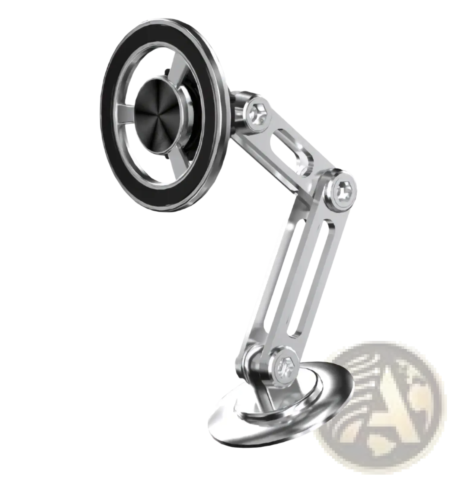 Silver metallic magnetic wireless car charger with articulated arm and circular base for iPhone 15 14 13 12