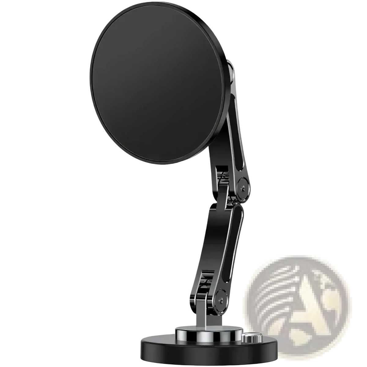 Black magnetic wireless car charger with adjustable arm and circular base for iphone 15 14 13 12