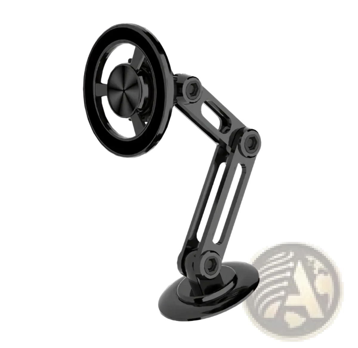 Black sleek adjustable magnetic wireless car charger mount with circular base and articulated arm for iPhone 15 14 13 12