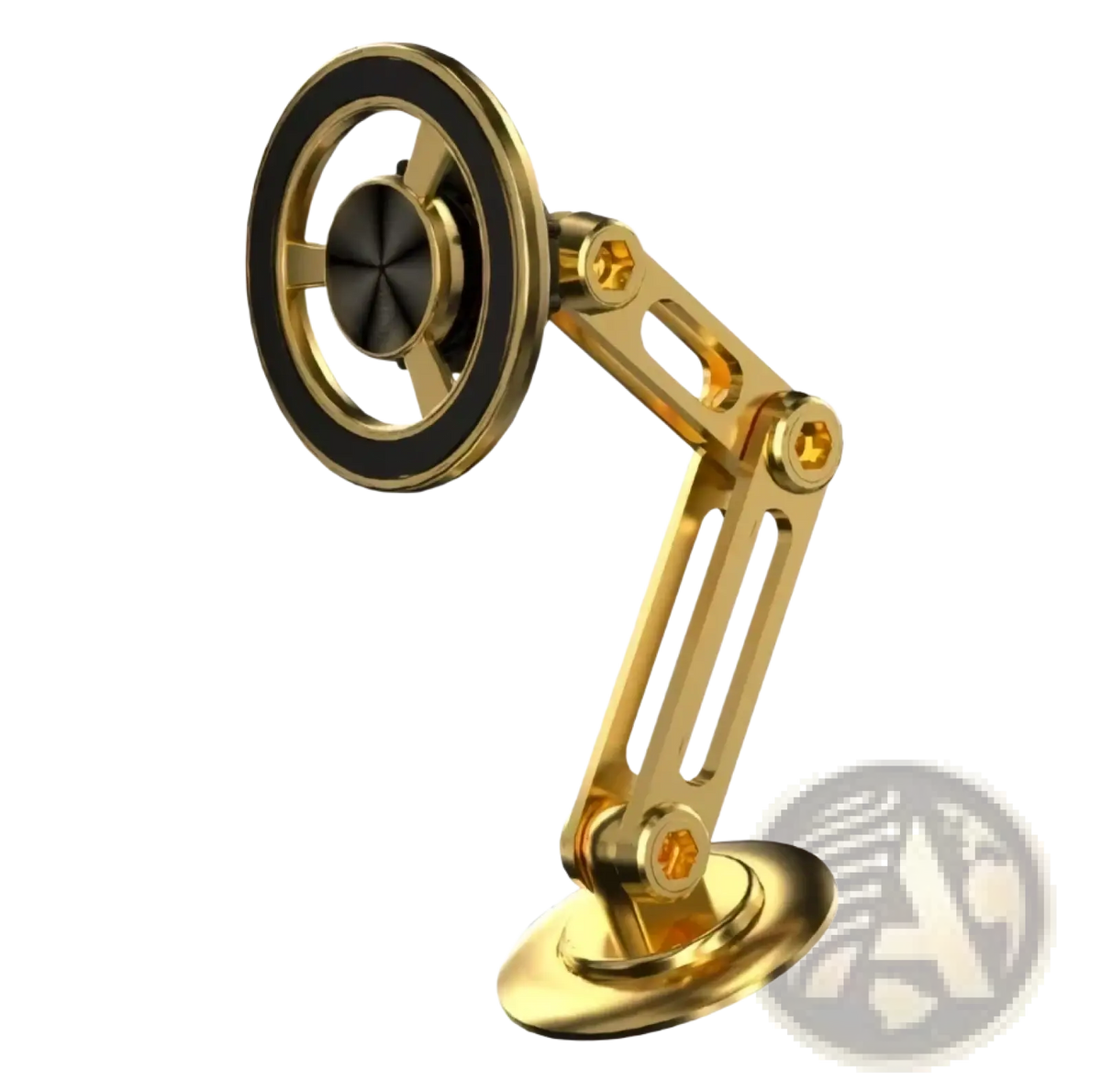 Gold-colored articulated magnetic wireless car charger phone stand with circular base and adjustable arm for iPhone 15 14 13 12
