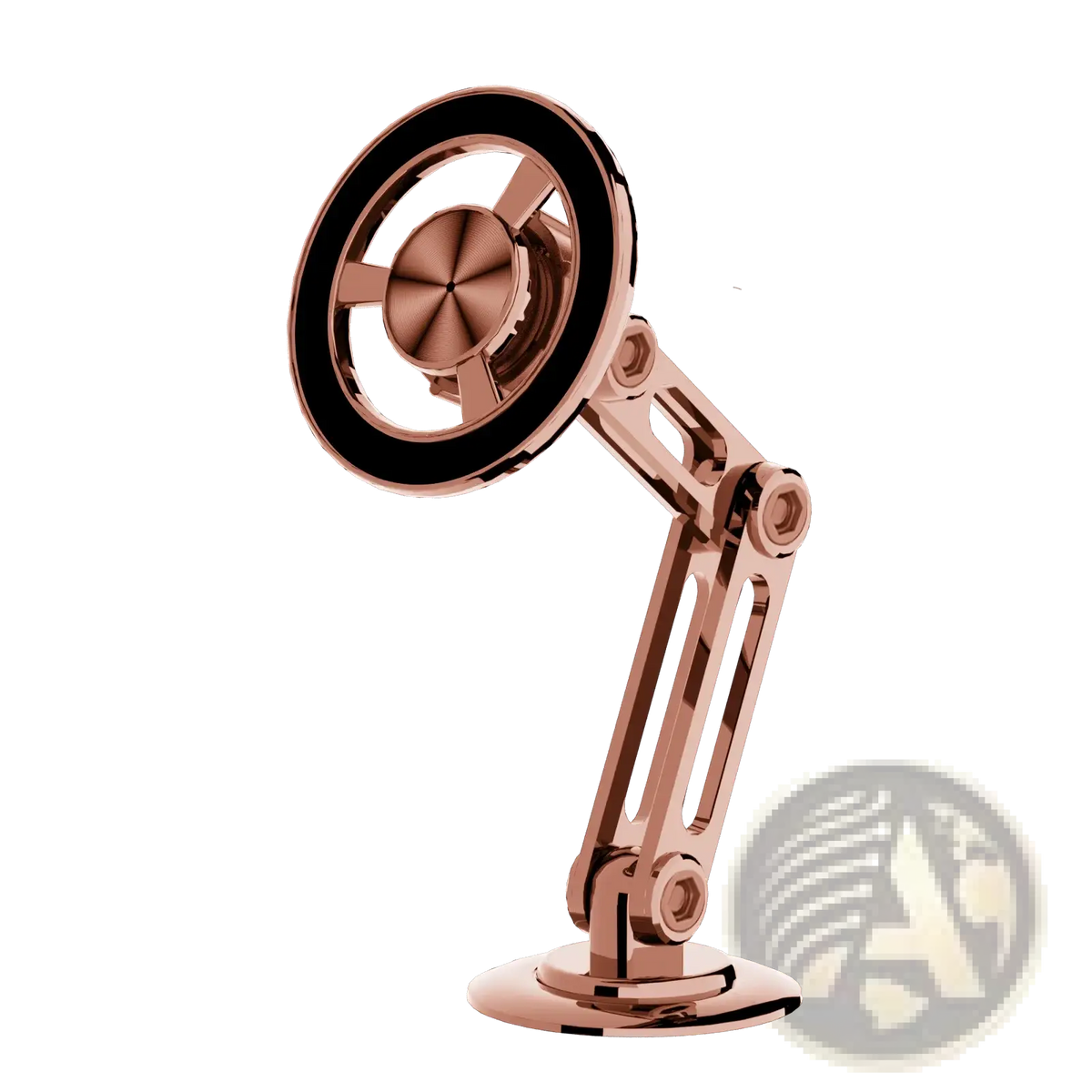Rose gold metallic desk lamp with circular steering-wheel-style head and articulated arm for magnetic wireless car charger use