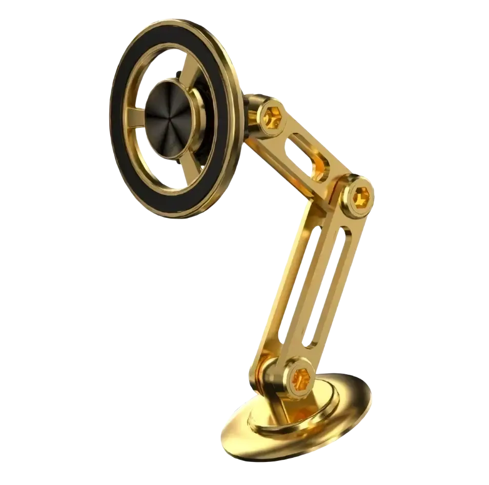Gold-colored articulated magnetic wireless car charger phone stand with circular base and adjustable arm for iPhone 15 14 13 12