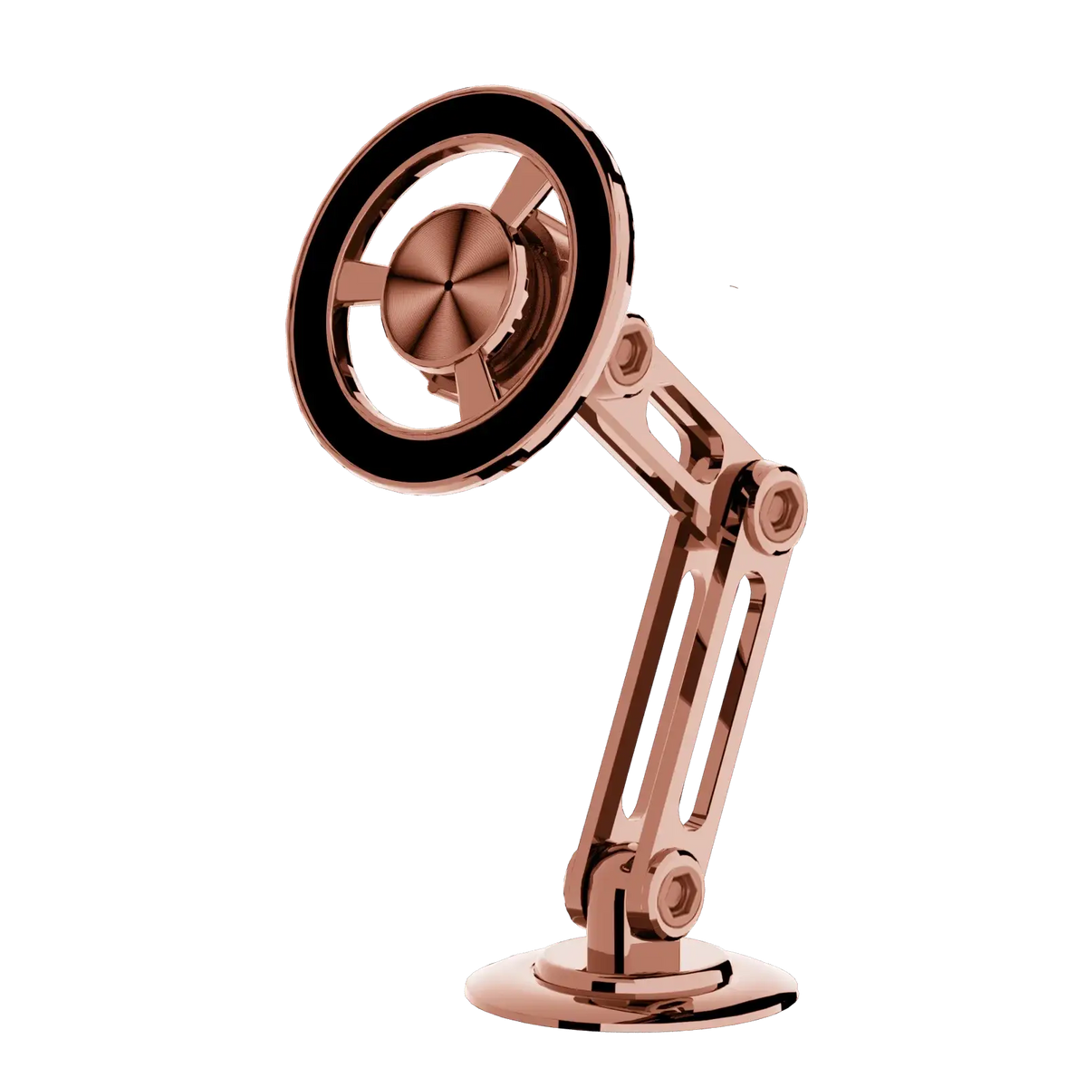 Rose gold metallic desk lamp with circular steering-wheel-style head and articulated arm for magnetic wireless car charger use