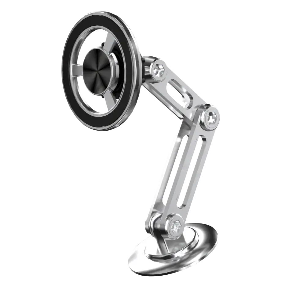 Silver metallic magnetic wireless car charger with articulated arm and circular base for iPhone 15 14 13 12