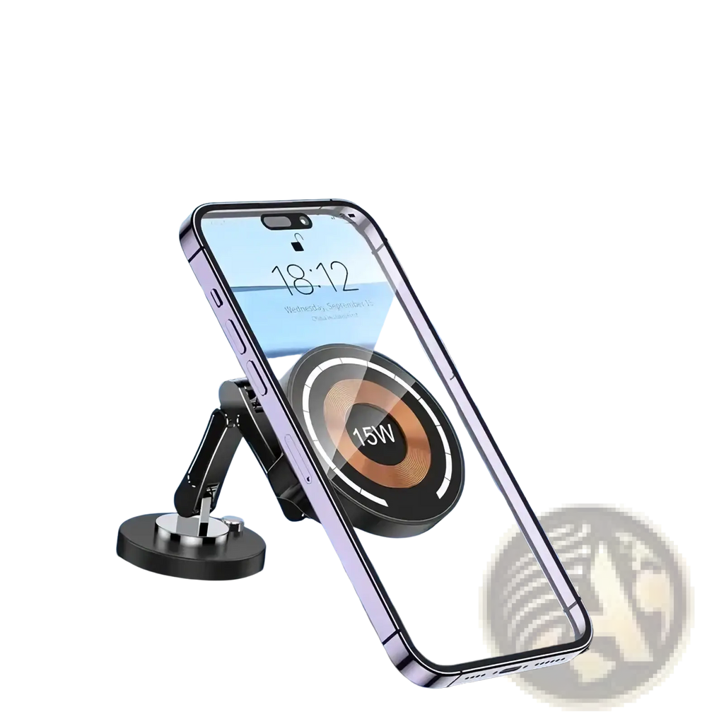 A sleek black and silver magnetic wireless car charger with 15w charging pad holding an iPhone on the dashboard