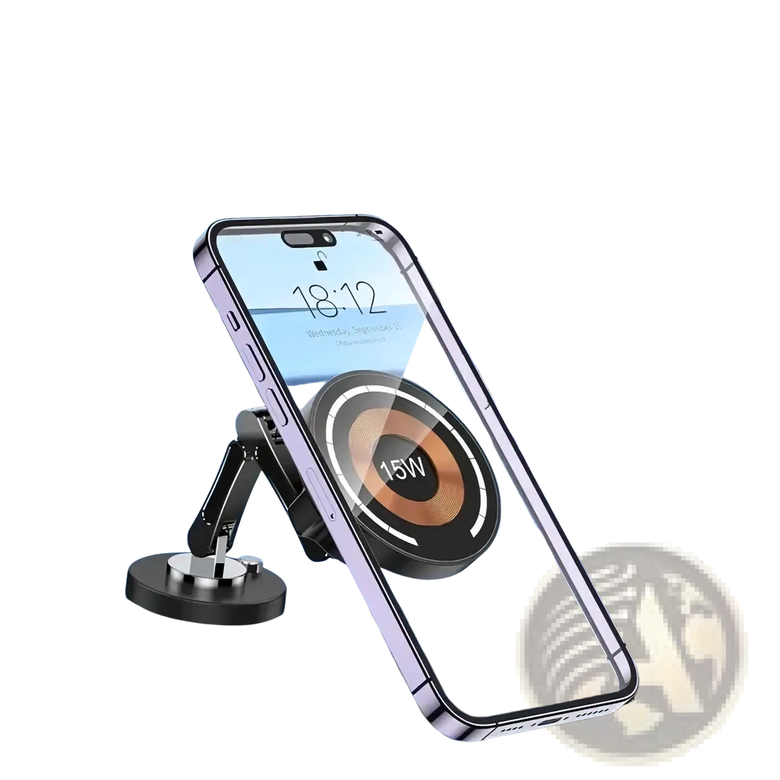 A sleek black and silver magnetic wireless car charger with 15w charging pad holding an iPhone on the dashboard