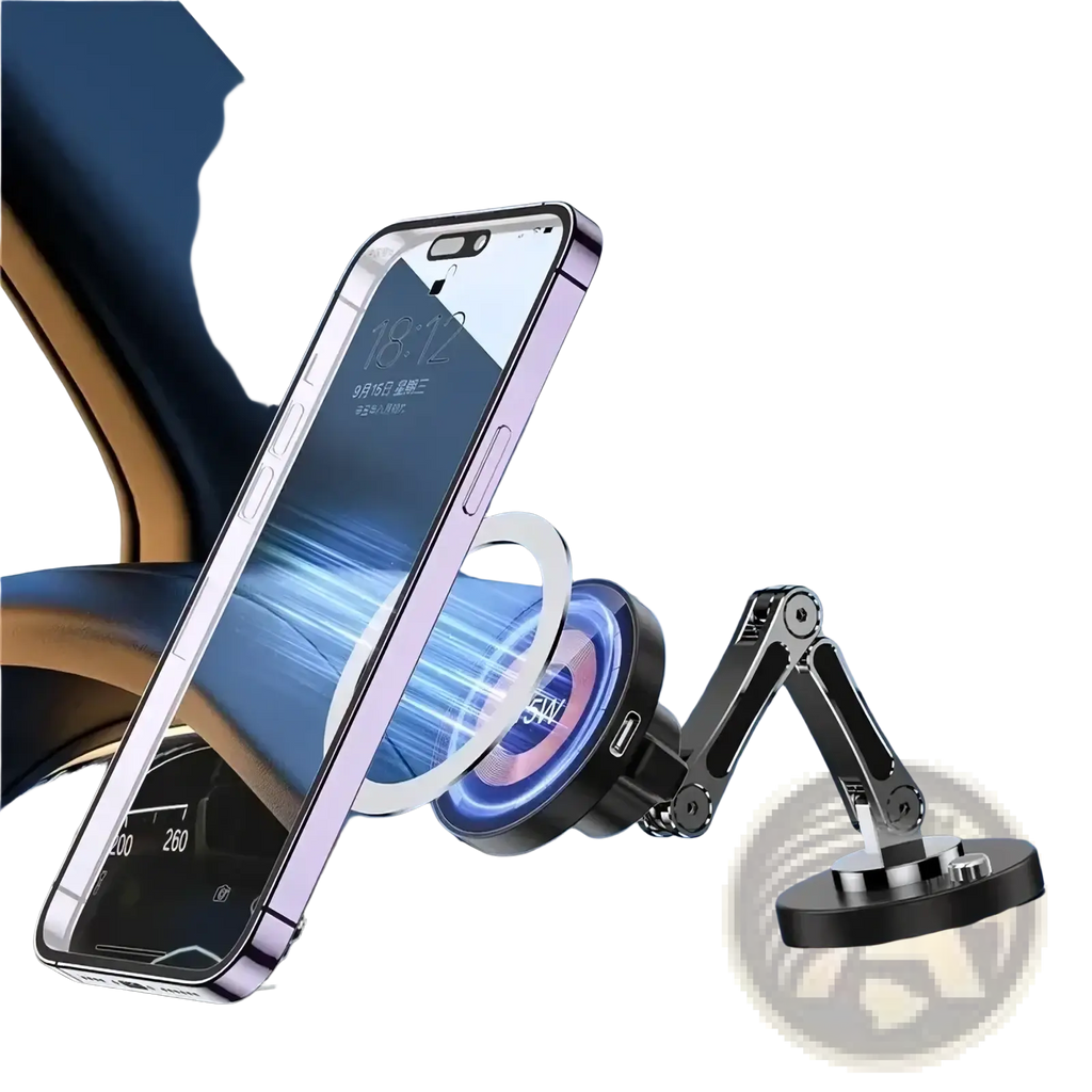 A sleek silver-framed smartphone in a black magnetic wireless car charger with adjustable articulated arm for iPhone 15 14 13 12