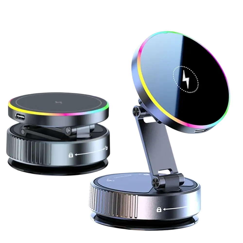 Magnetic wireless car charger and phone mount with 15w wireless charging, black and silver design, and led ring