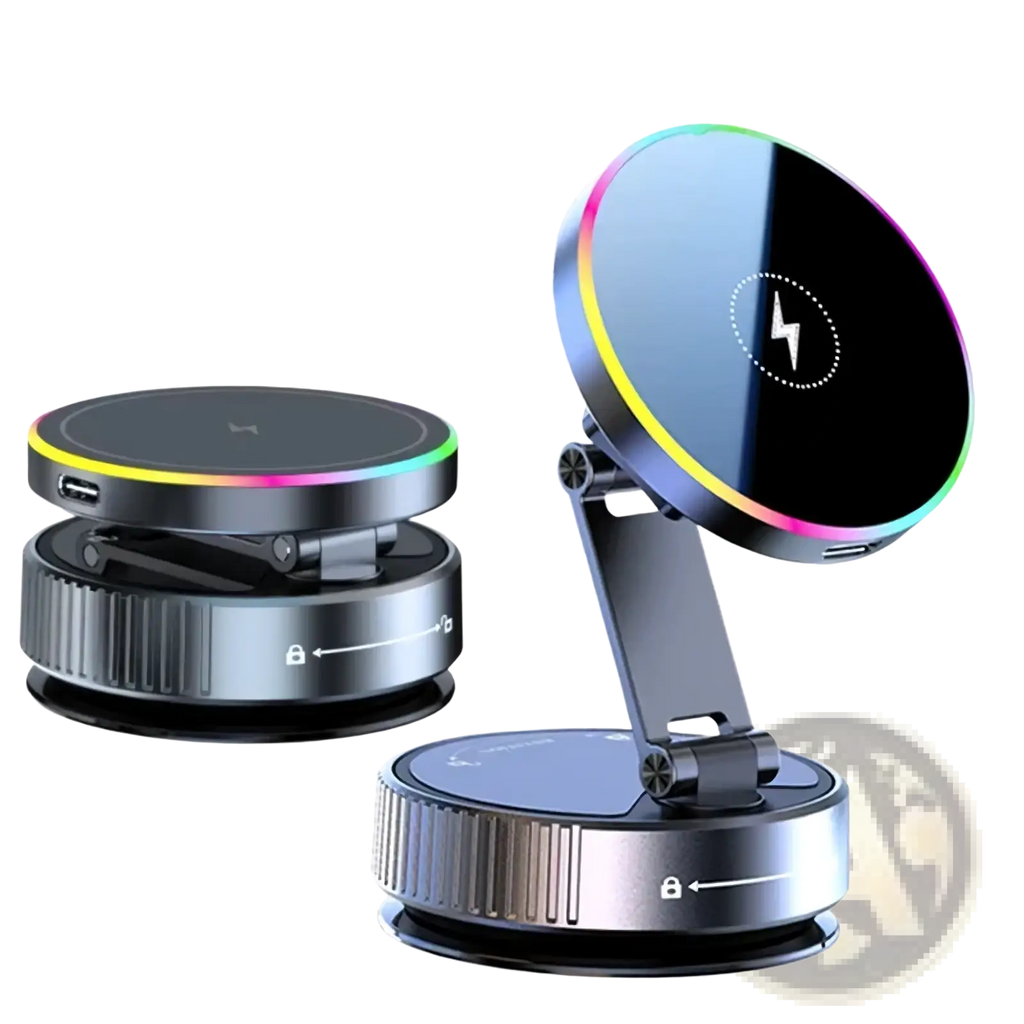 Magnetic wireless car charger and phone mount with 15w wireless charging black and silver design and rainbow led lighting