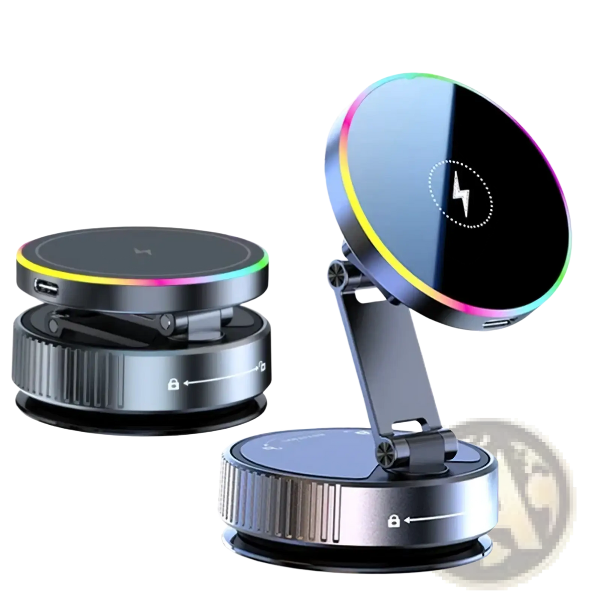 Magnetic wireless car charger and phone mount with 15w wireless charging black and silver design and rainbow led lighting