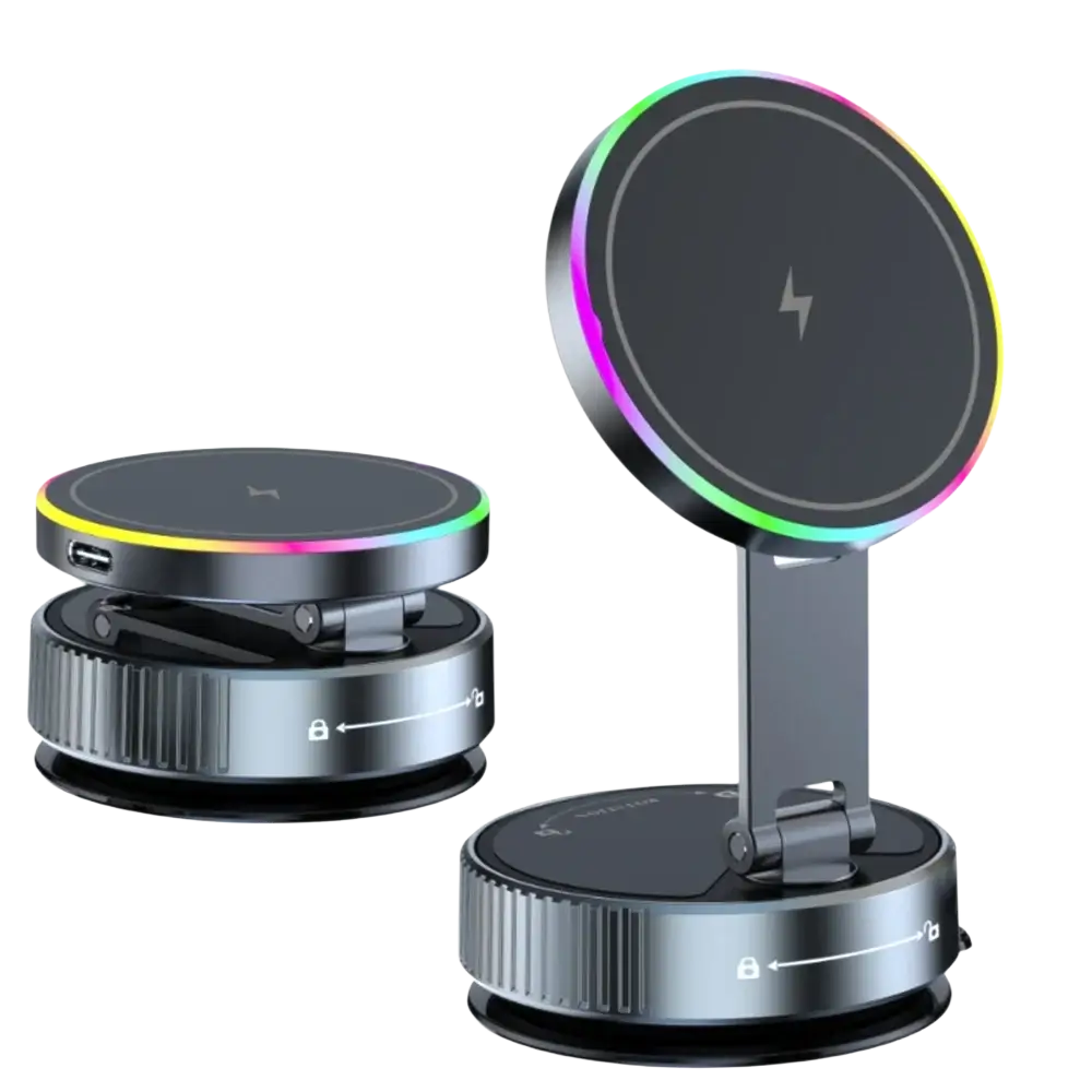 Magnetic wireless car charger and phone mount with 15w wireless charging stand, super magnetic base, and rainbow led ring