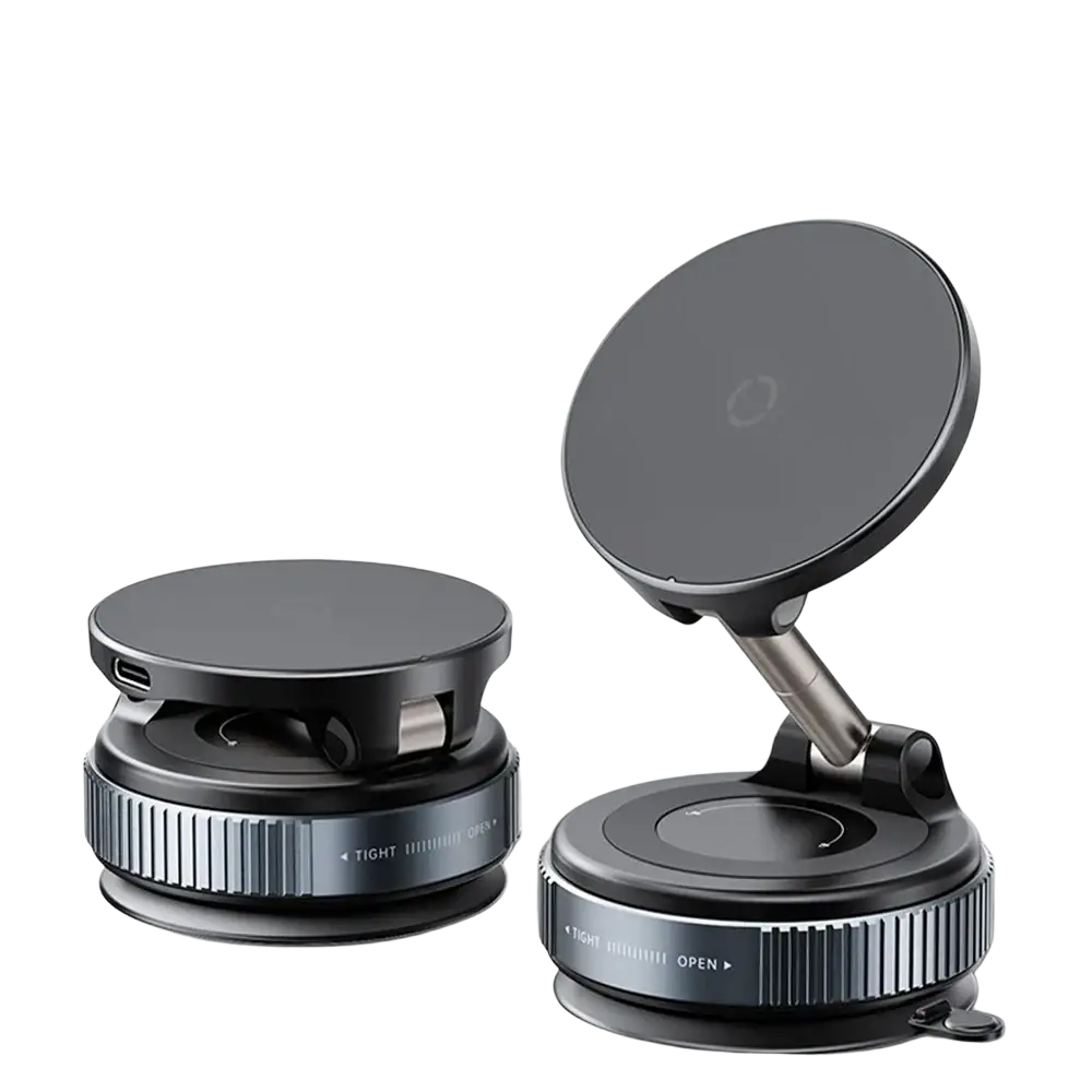 Black magnetic wireless car charger and phone mount with 15w charging, super magnetic base, and adjustable arm