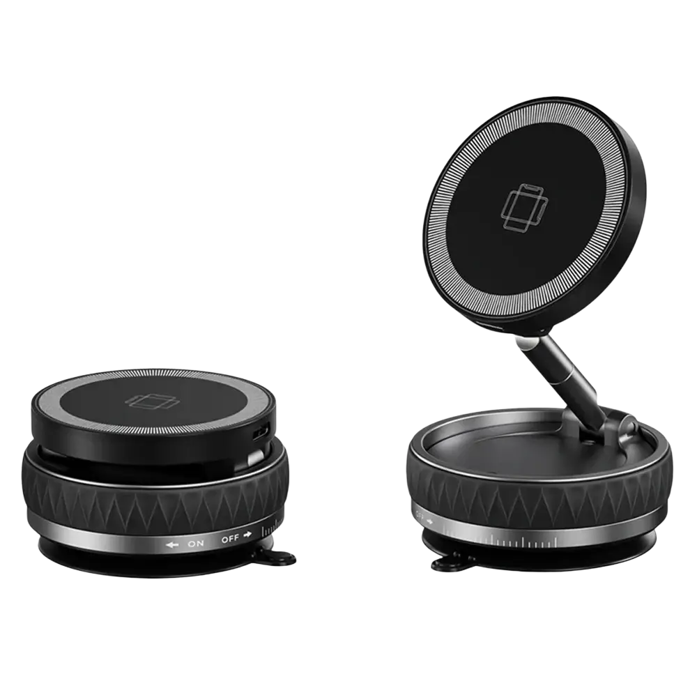 Black circular magnetic wireless car charger with adjustable stand and base for phone mounting and charging in vehicles