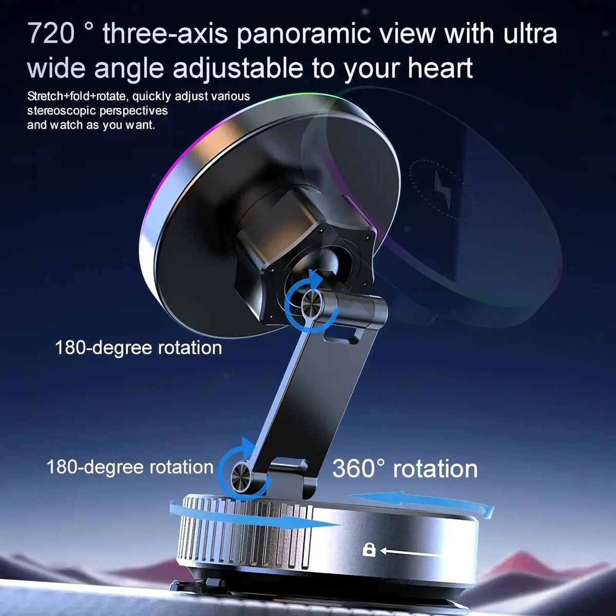 Black and silver three-axis panoramic magnetic wireless car charger and phone mount with adjustable rotation features