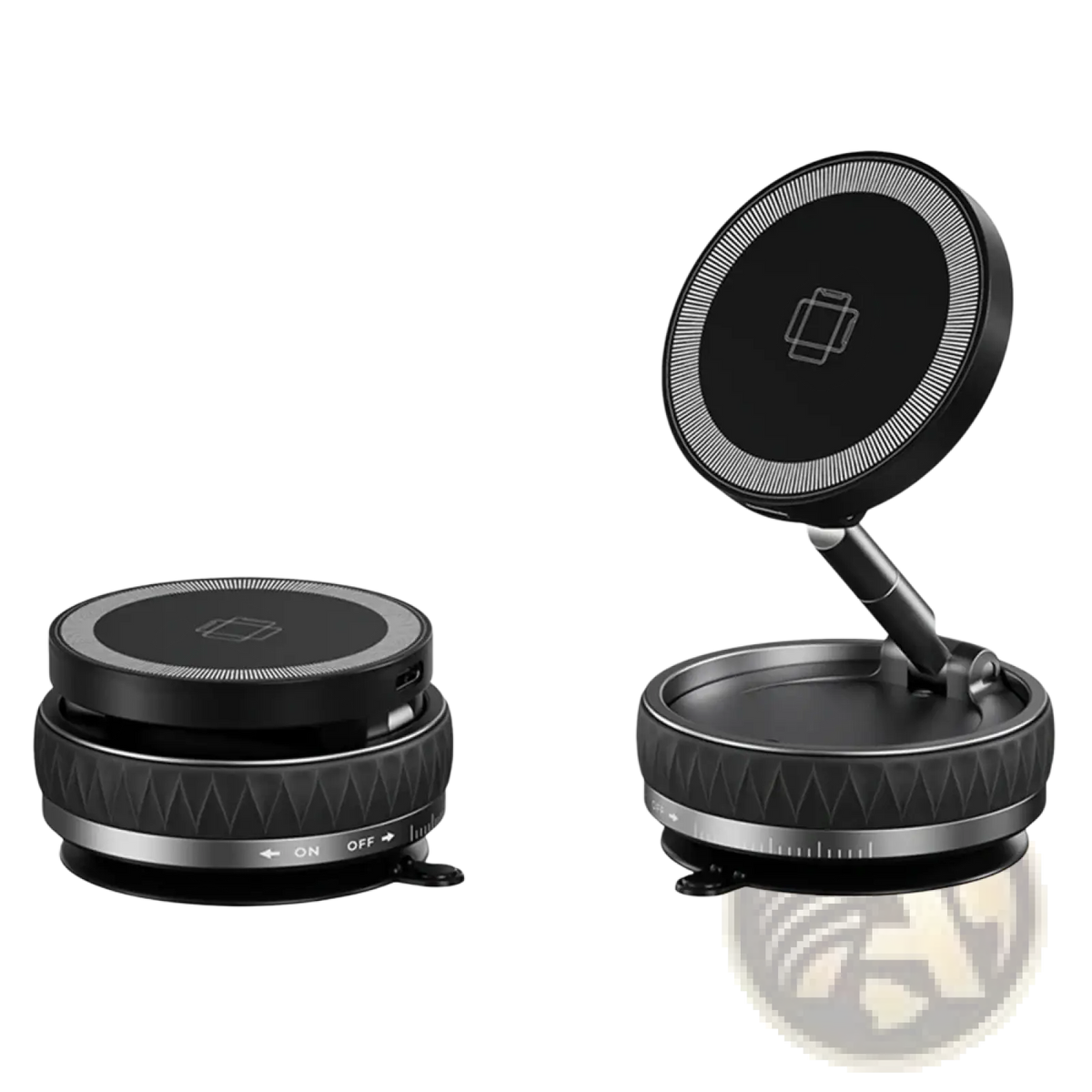 Black circular magnetic wireless car charger with adjustable stand and base for phone mounting and charging in vehicles
