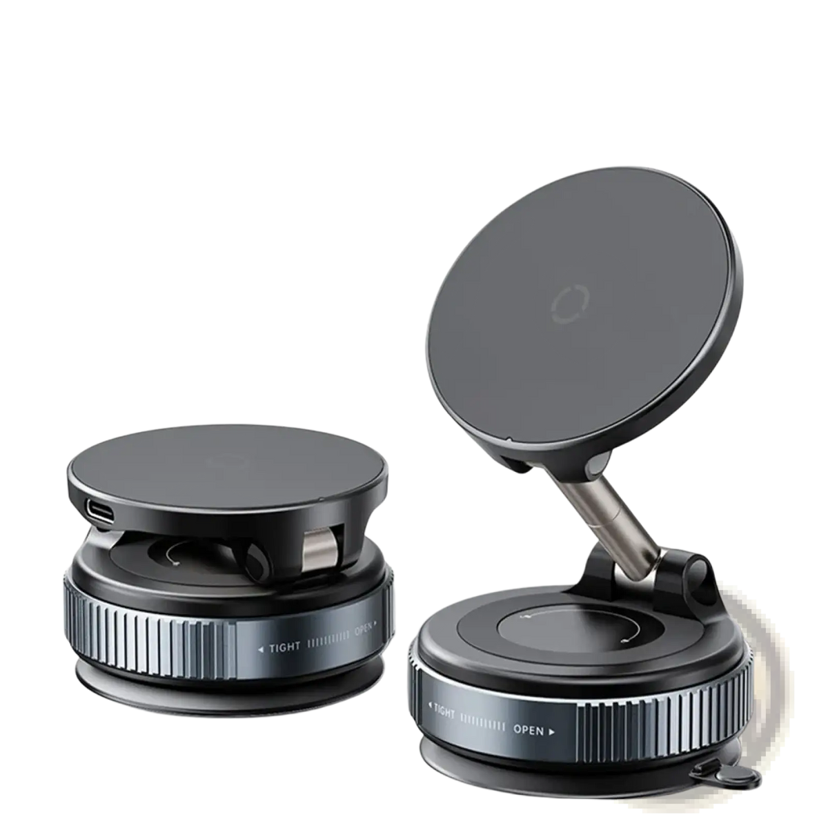 Black magnetic wireless car charger and phone mount with 15w charging, super magnetic base, and adjustable arm
