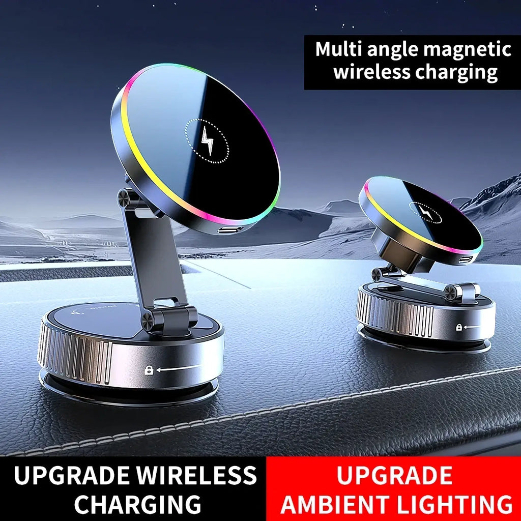 Magnetic wireless car charger and phone mount with multi-angle magnetic wireless charging pad in black and silver with ambient lighting