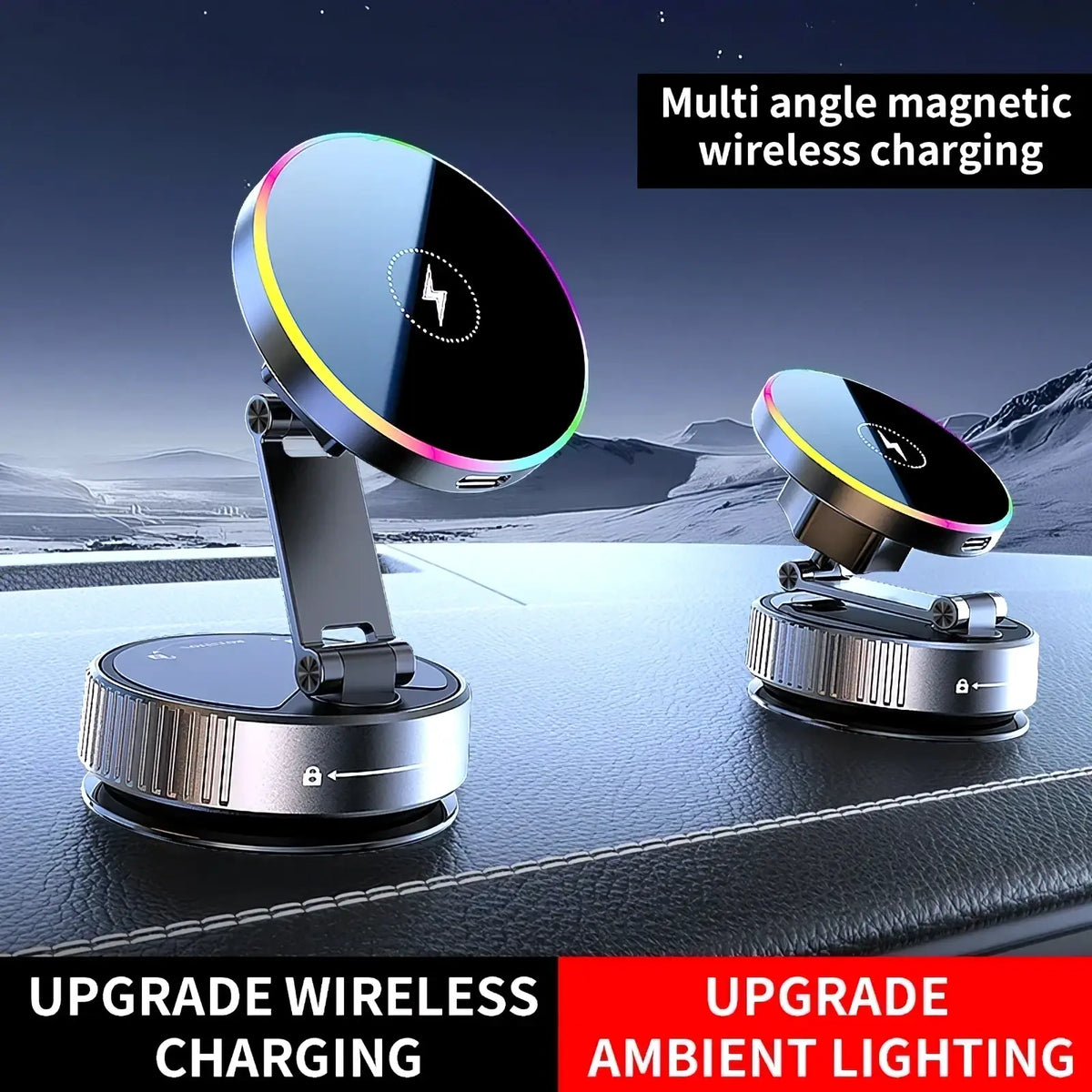 Magnetic wireless car charger and phone mount with multi-angle magnetic wireless charging pad in black and silver with ambient lighting