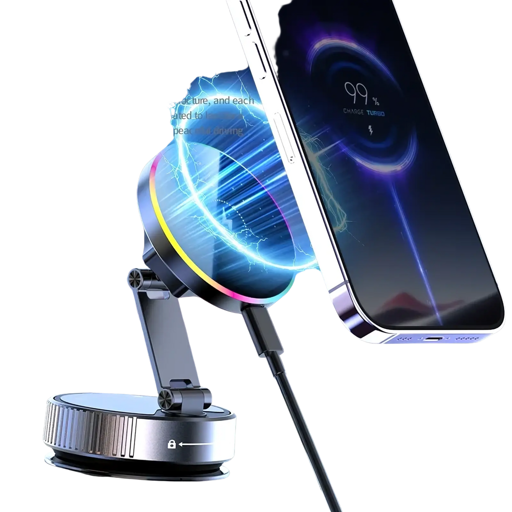 Silver magnetic wireless car charger and phone mount with adjustable arm and circular charging pad for driving use