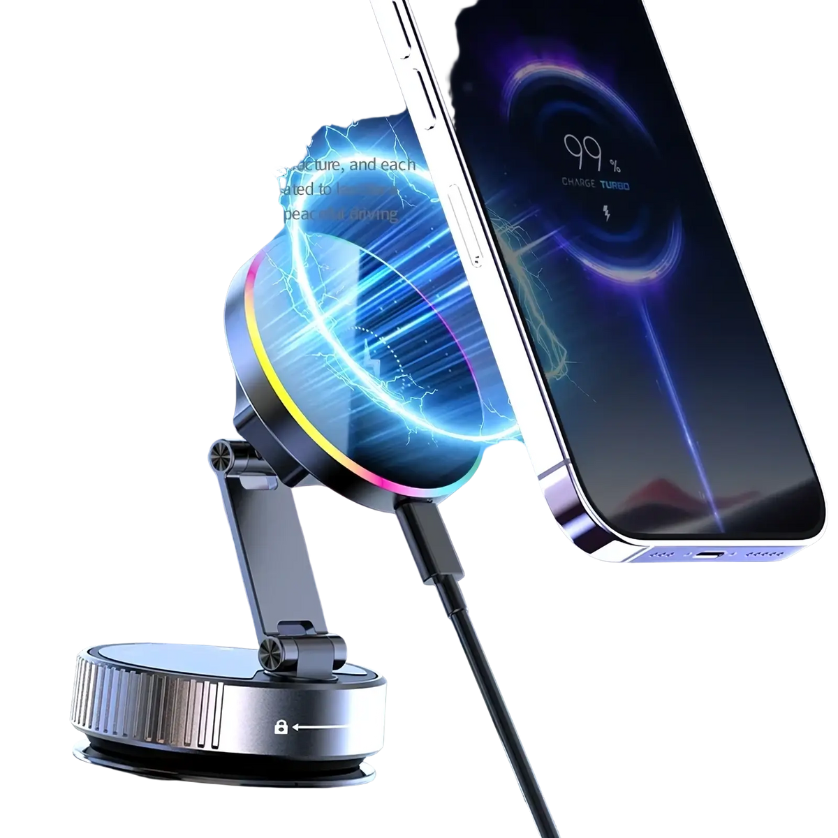 Silver magnetic wireless car charger and phone mount with adjustable arm and circular charging pad for driving use