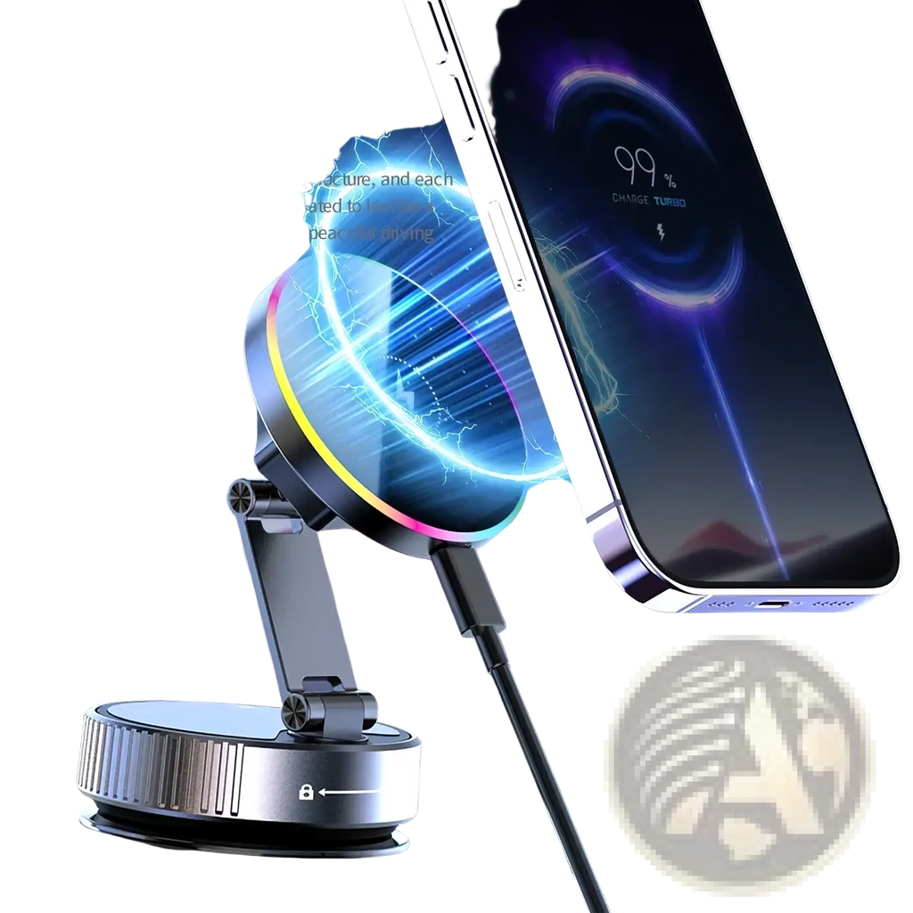 Silver magnetic wireless car charger and phone mount with adjustable arm and circular charging pad for driving use