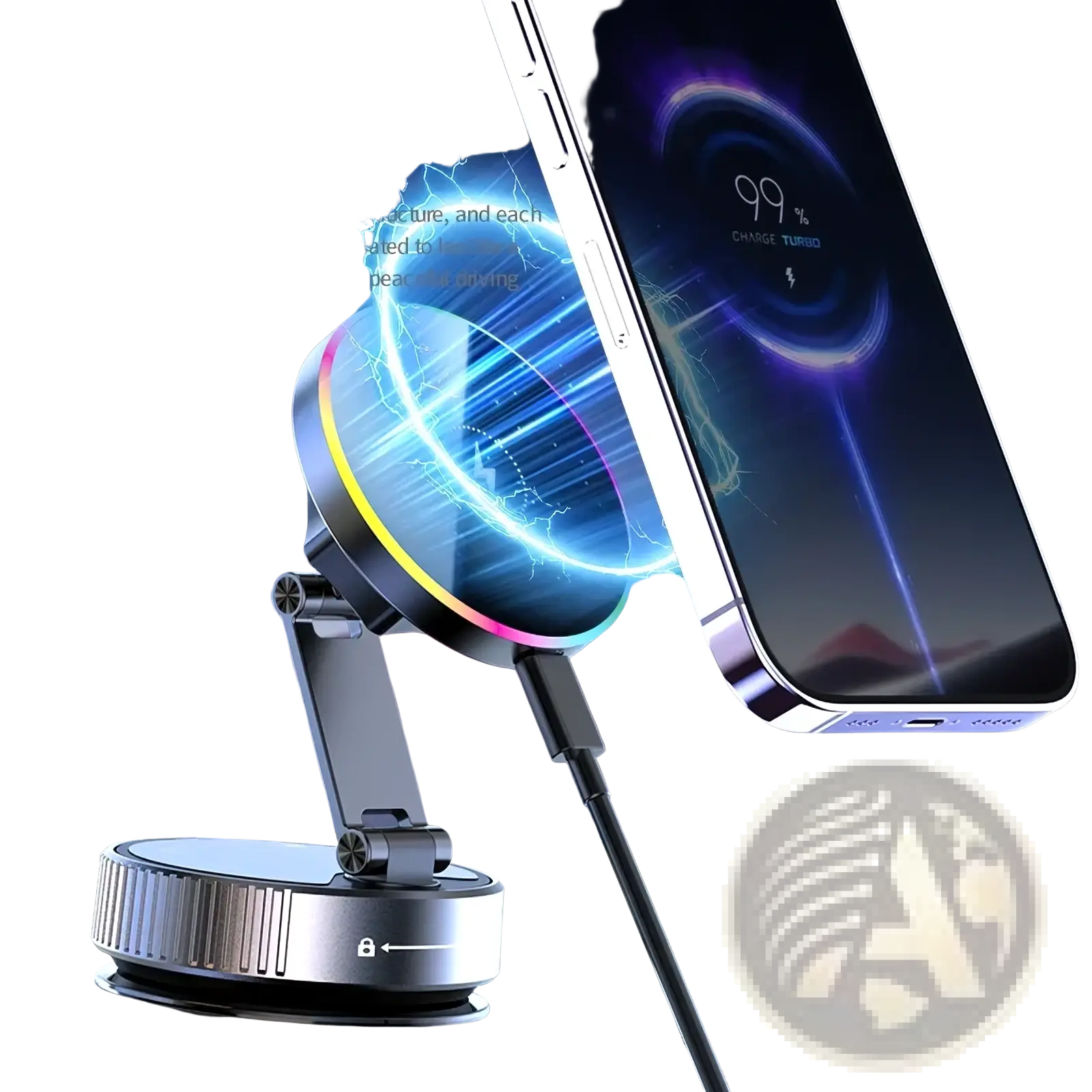 Silver magnetic wireless car charger and phone mount with adjustable arm and circular charging pad for driving use