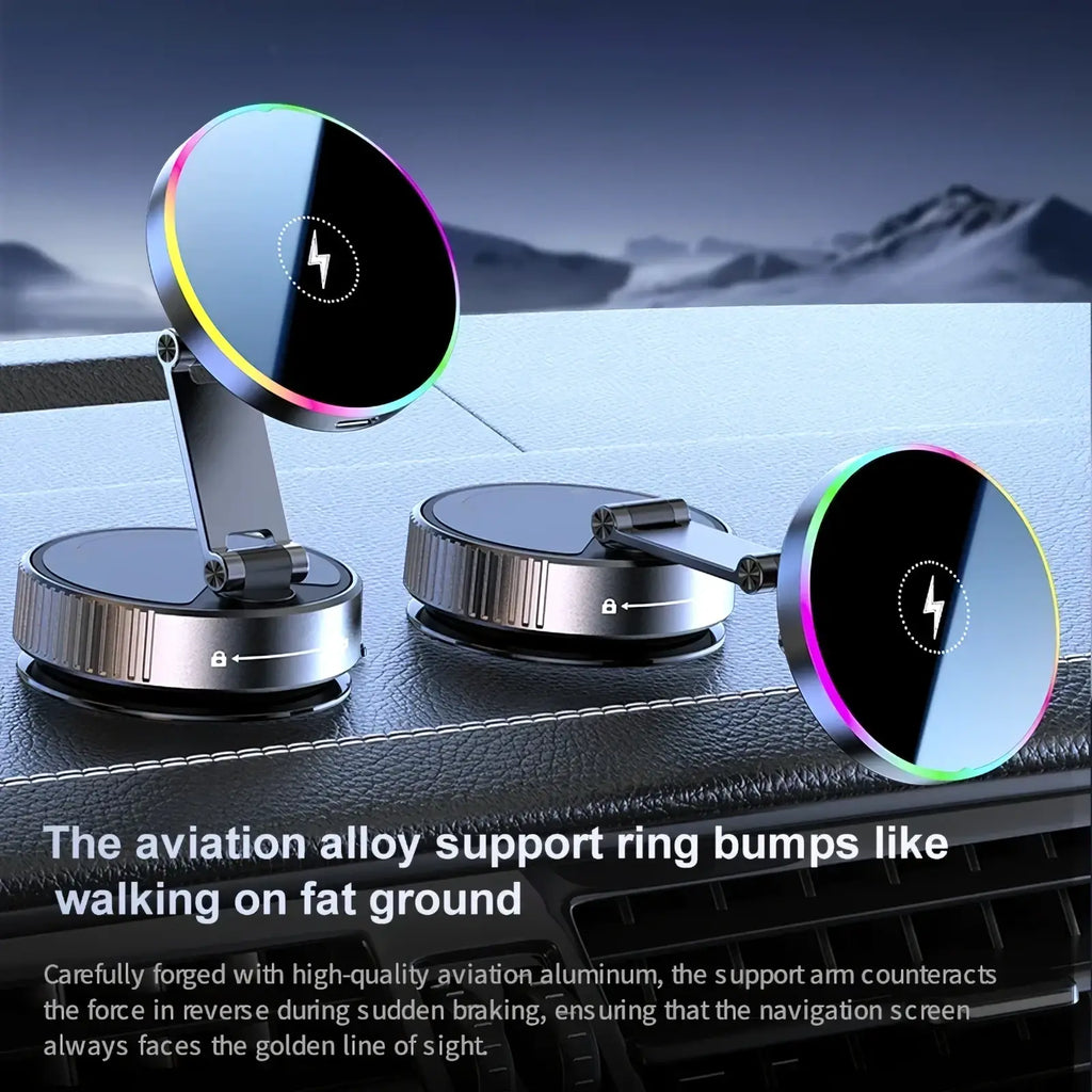 Magnetic wireless car charger and phone mount with sleek black circular pad, rainbow led ring, and silver adjustable arm on suction cup base