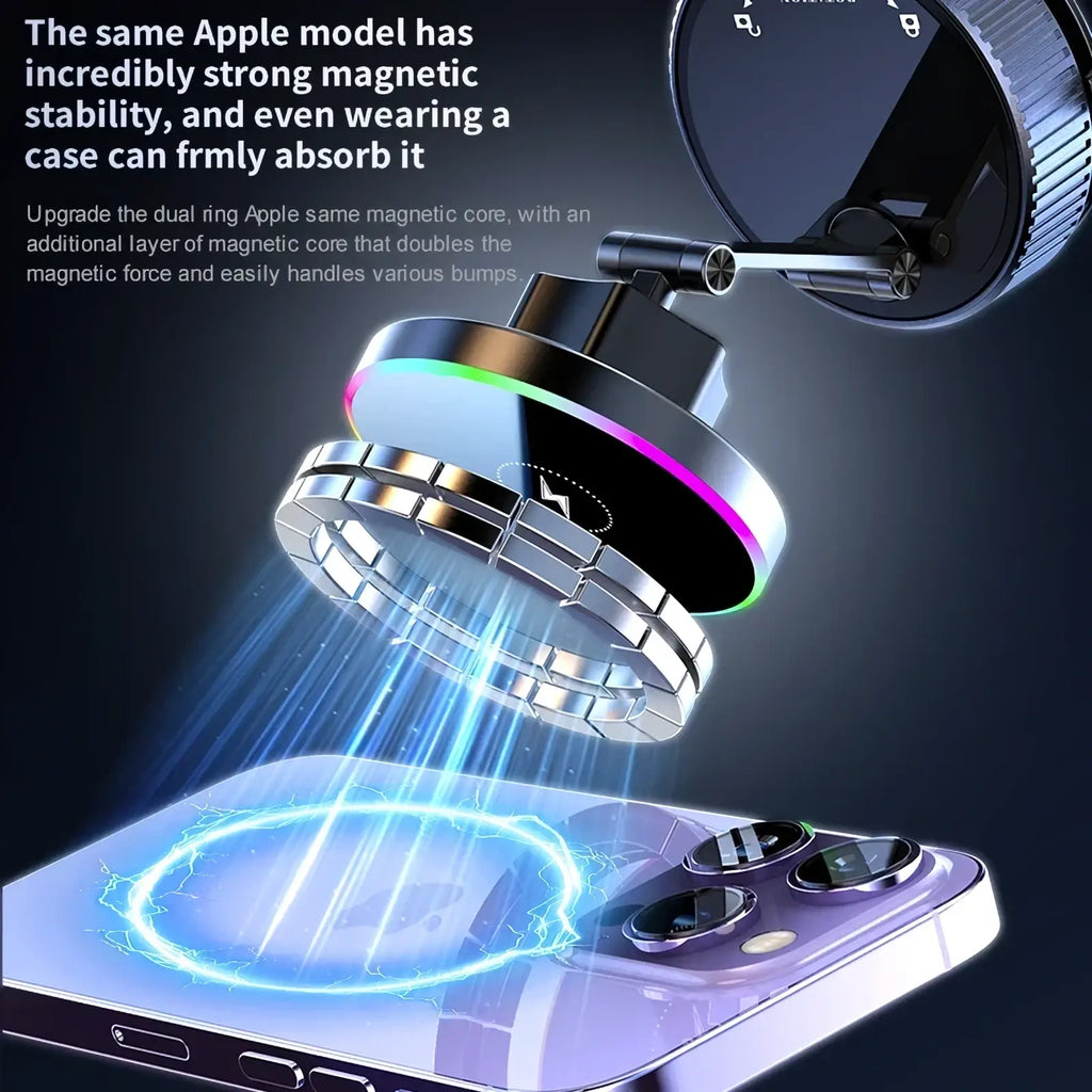 A sleek silver magnetic wireless car charger and phone mount with dual-ring design and glowing rgb lighting accents