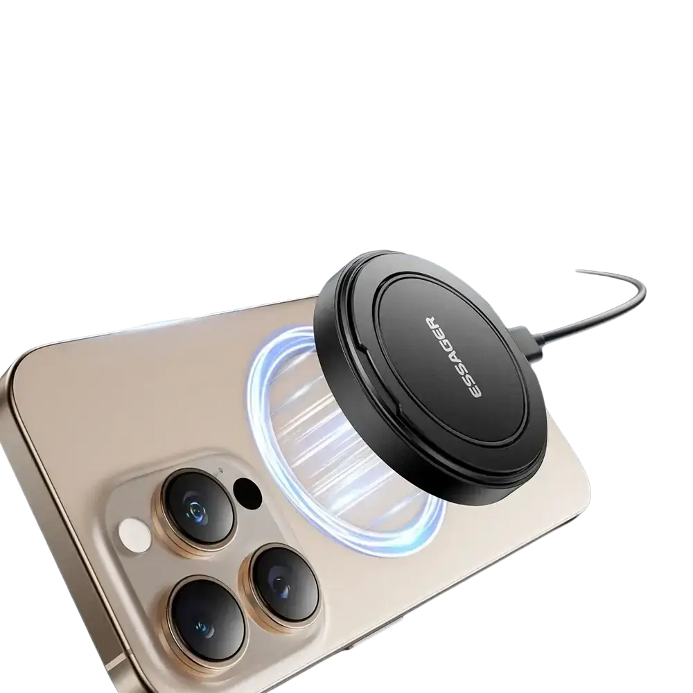 Black circular magnetic wireless fast charging stand with essaer branding for 15w charging convenience
