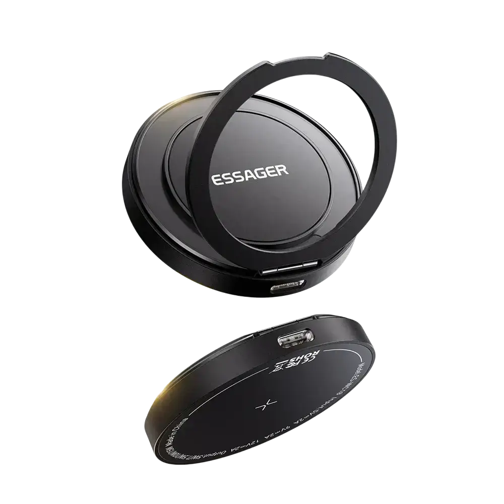 Black essager magnetic wireless charging stand with circular ring fast charging pad and usb-c port