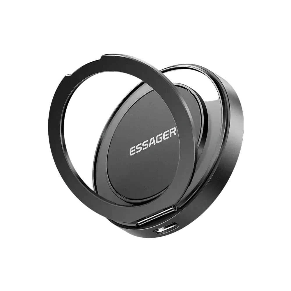 Black essager phone ring with sleek metallic finish and integrated charging port on magnetic wireless fast charging stand