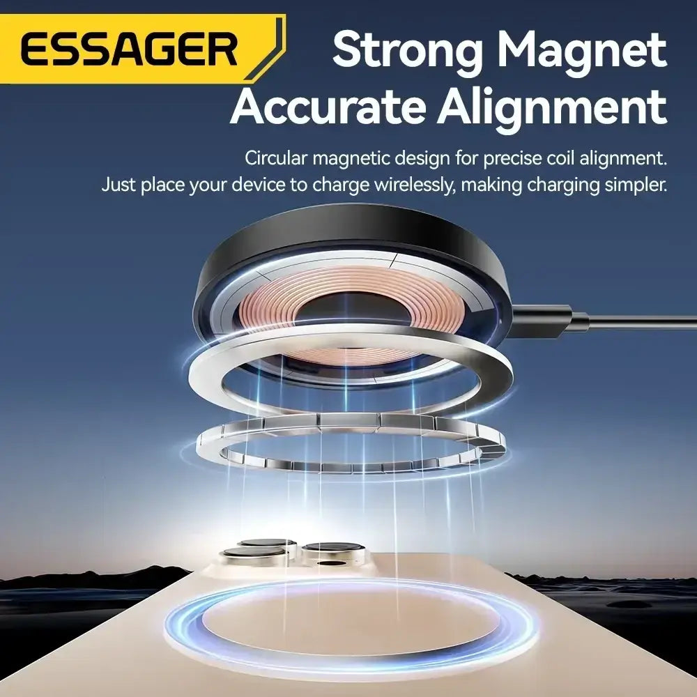 Essager magnetic wireless charger fast charging stand with circular design and metallic rings for efficient charging