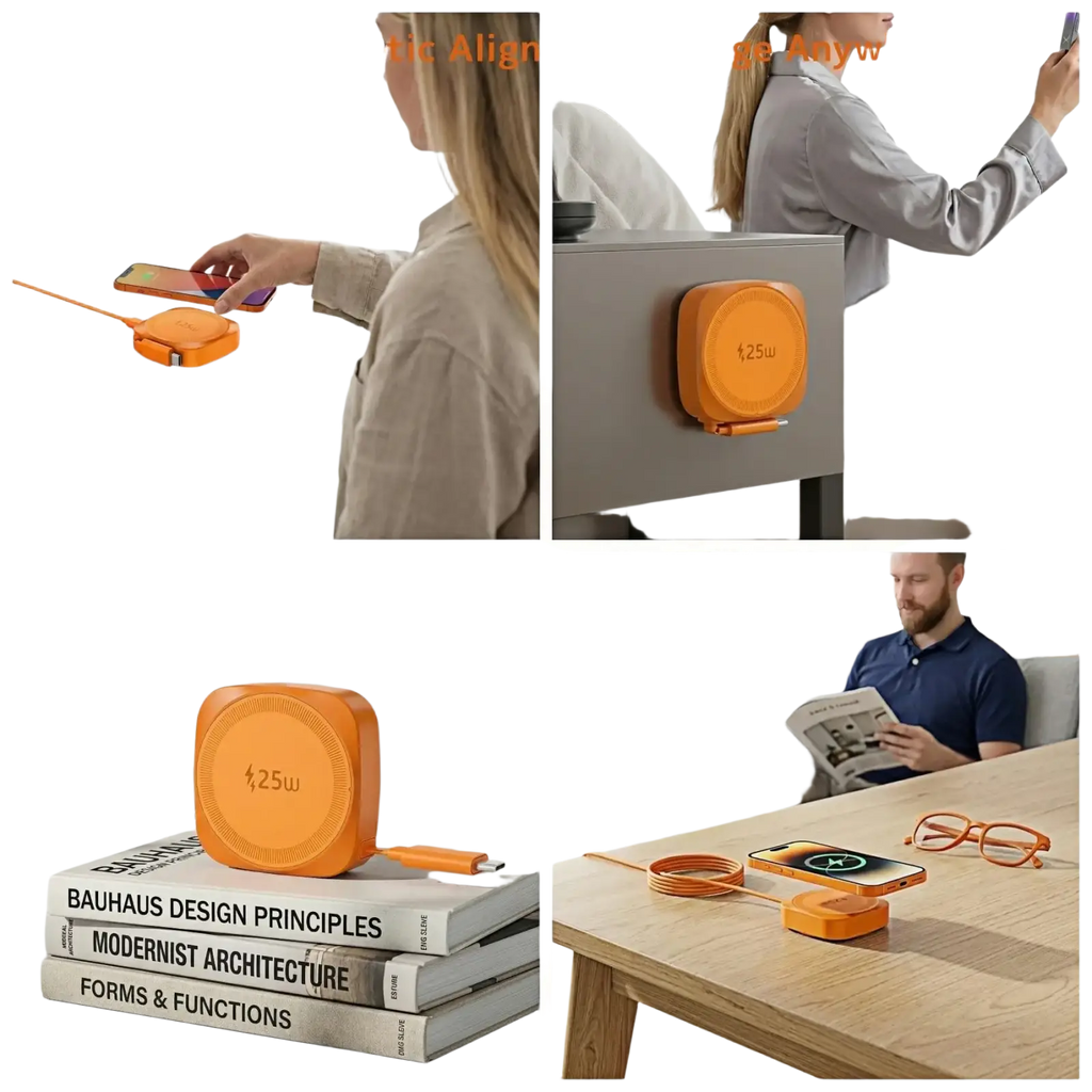 Orange 25w magnetic wireless charger for iphone with magnetic alignment and coiled cable for convenient charging