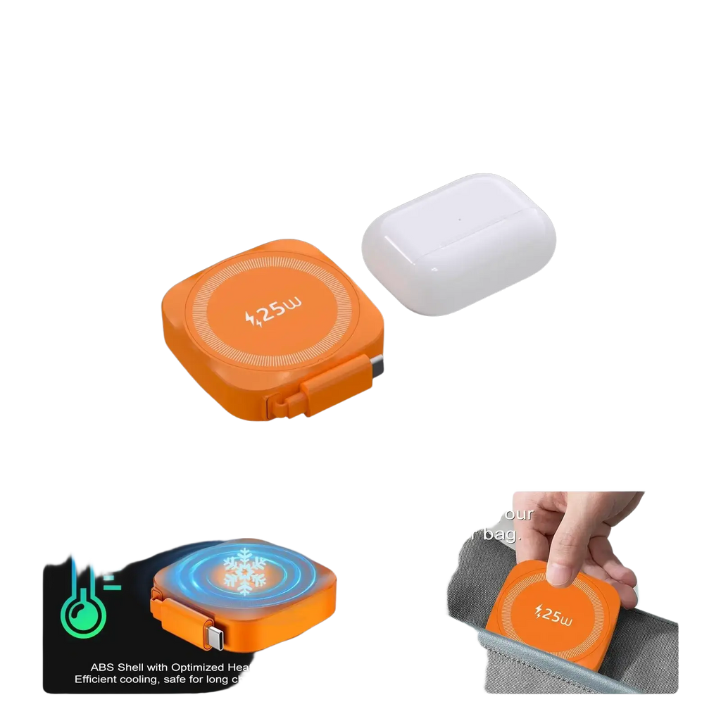 Magnetic wireless charger for iphone in orange with 25w power output and sleek abs plastic design