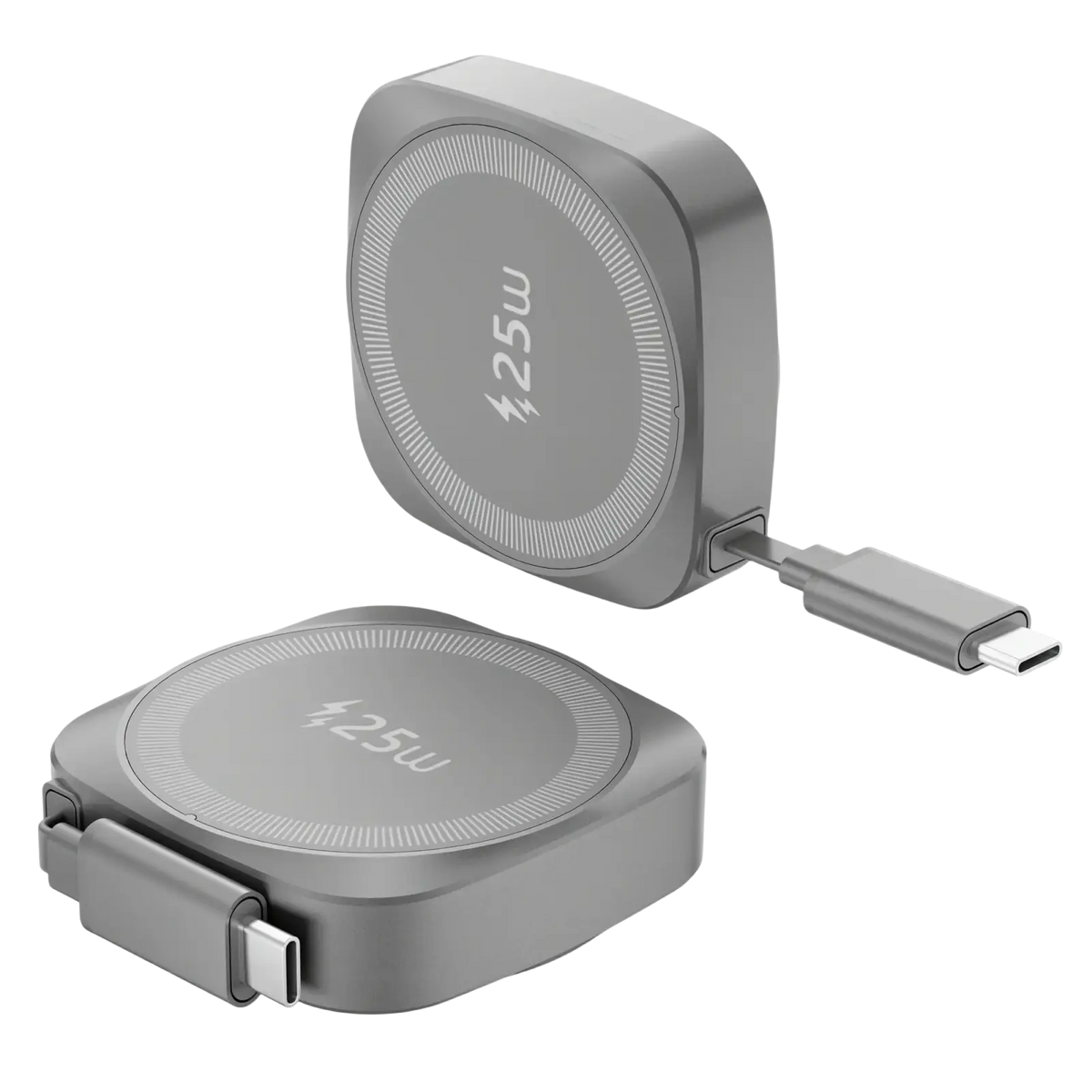 Gray rectangular magnetic wireless charger for iphone orange with retractable usb-c cable and 25w branding visible