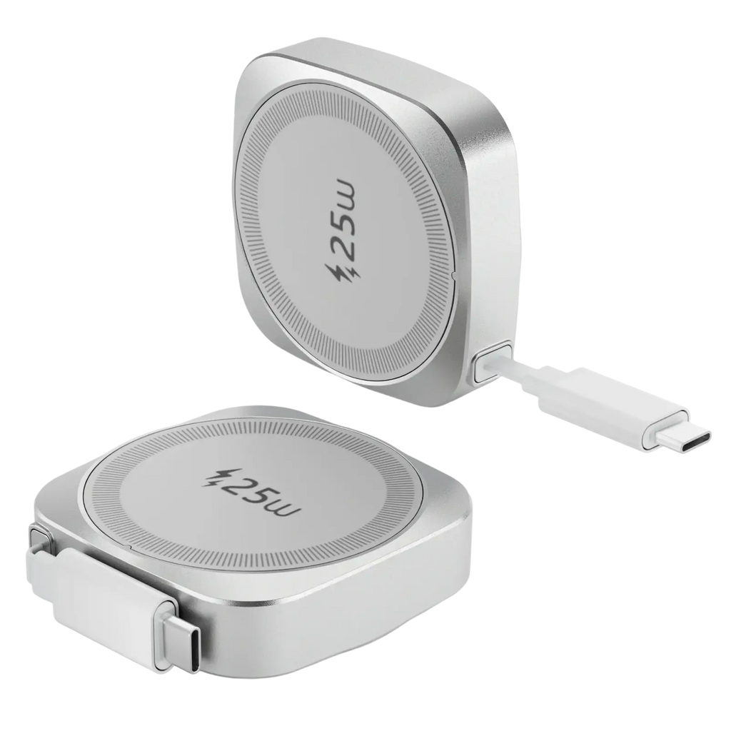 Silver 25w magnetic wireless charger for iPhone with sleek square design and integrated USB-C cable in orange packaging
