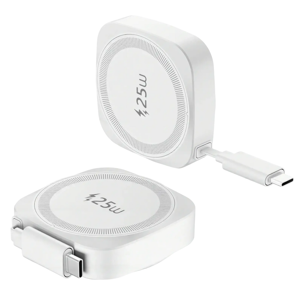 White 25w magnetic wireless charger for iphone with retractable usb-c cable and rounded square design in orange packaging