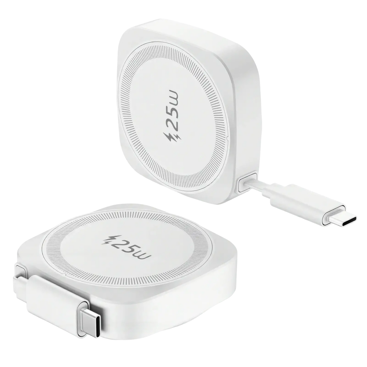 White 25w magnetic wireless charger for iphone with retractable usb-c cable and rounded square design in orange packaging