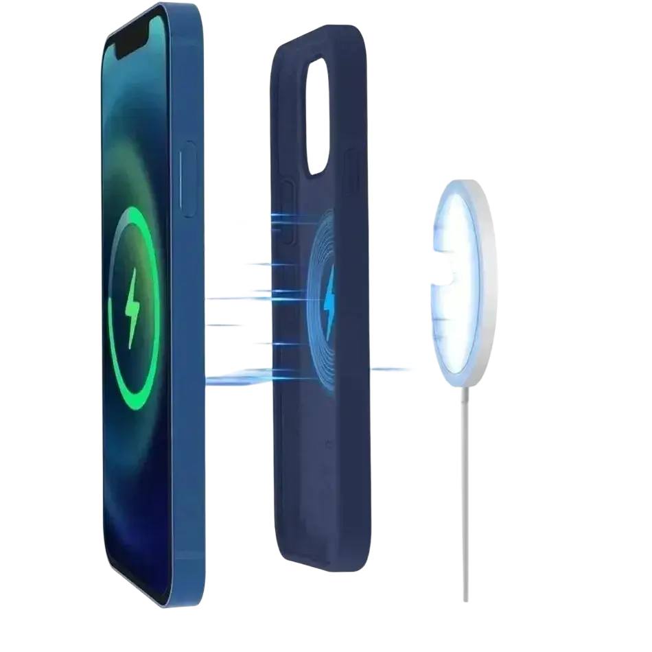 Blue silicone magnetic wireless phone case with built-in magnetic wireless charging coil for iphone pro max back side