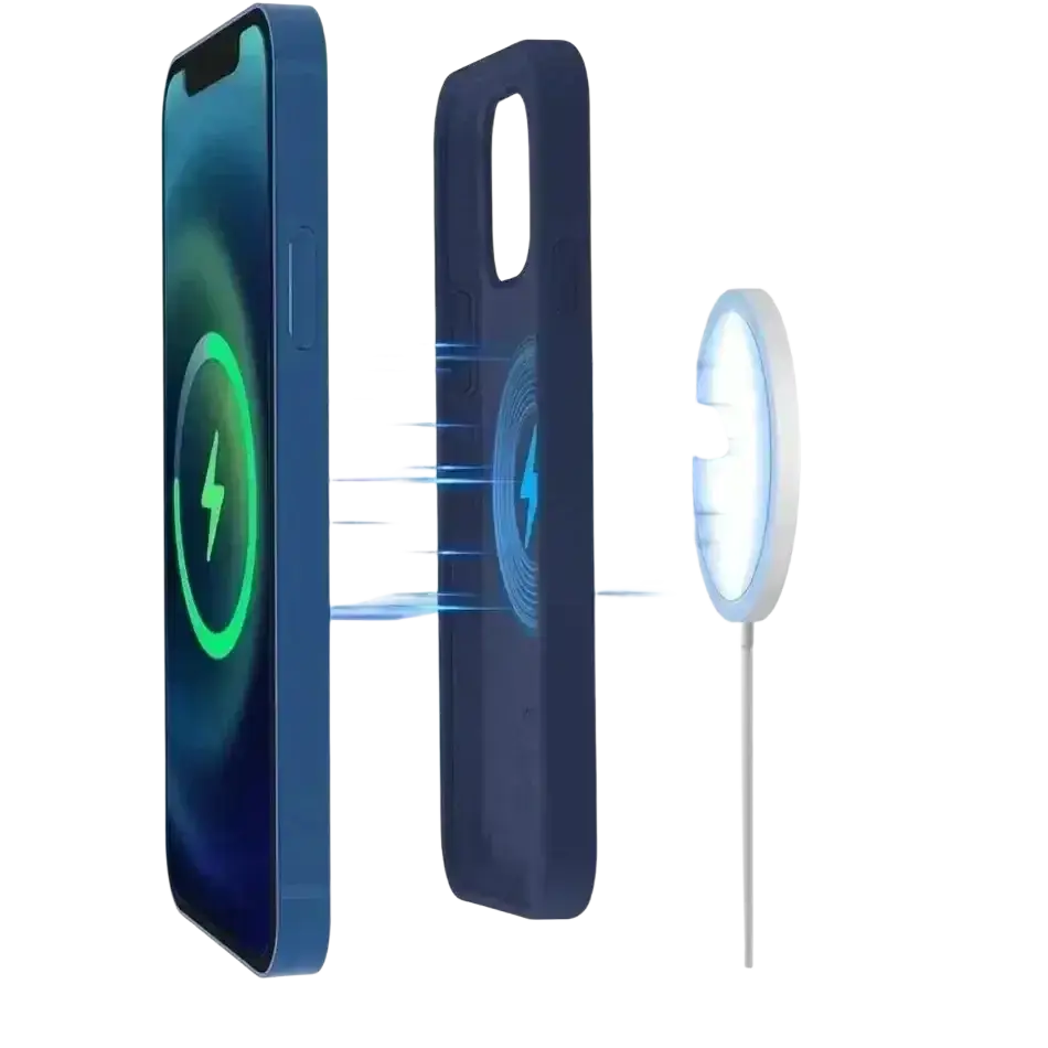 Blue magnetic wireless charger case and matching circular wireless charging pad for iPhone Pro Max