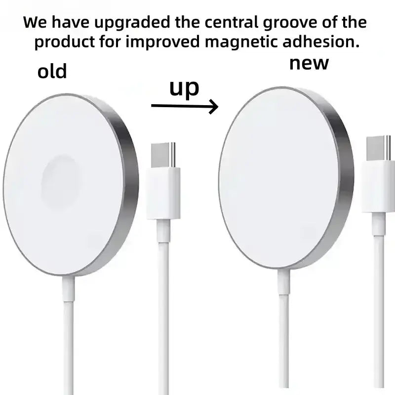 The magnetic wireless charger for iPhone pro max is a white circular device with a silver rim and upgraded groove for wireless charging
