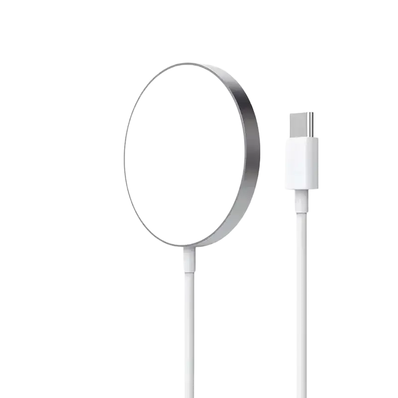 White circular magnetic wireless charger with silver metallic rim and USB-C cable for iPhone Pro Max magnetic wireless charging